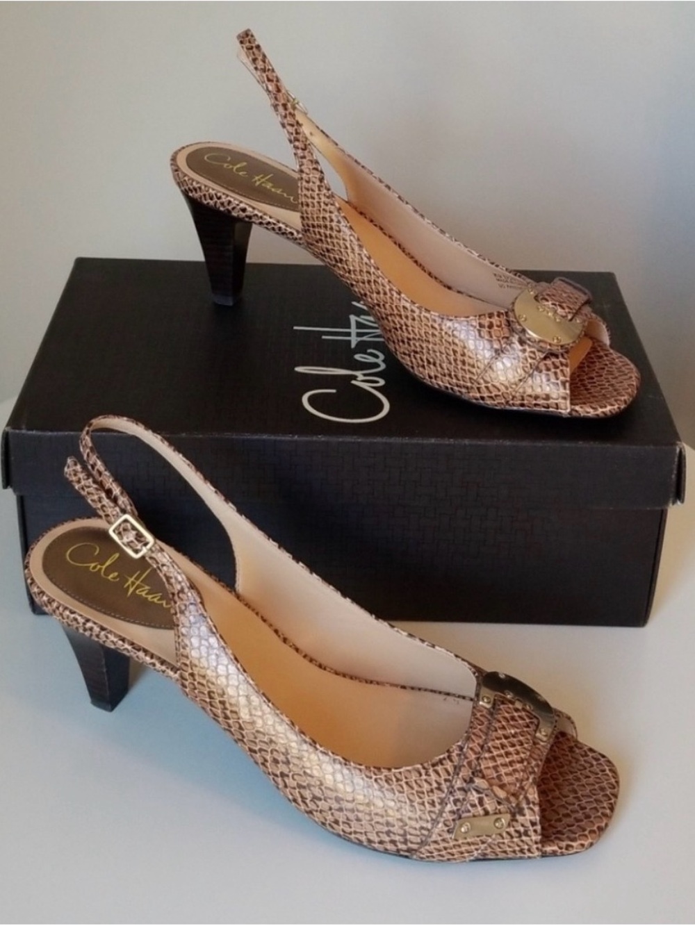 Cole Haan Metallic Bronze Snake-Print Slingback Heels